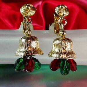 1960s Designer Rolled Gold Crystal Bells Vintage Christmas Earrings 17032